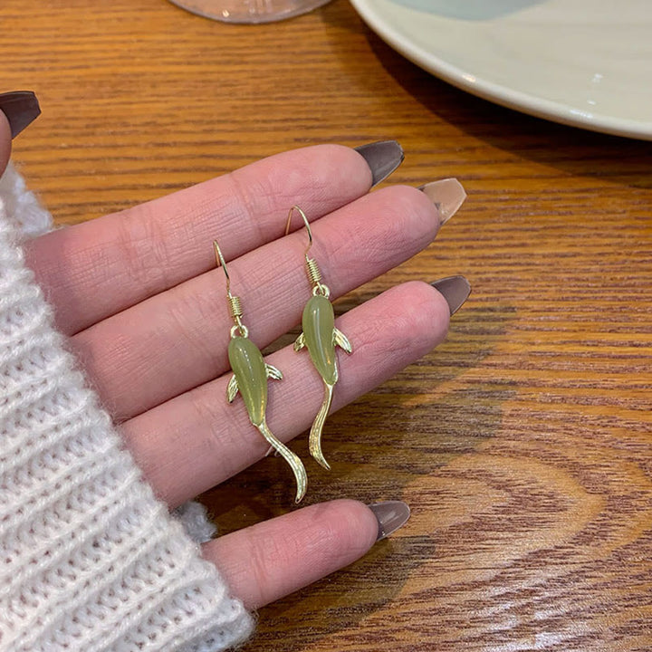 Fish Pattern Jade Luck Dangle Drop Earrings - image 12