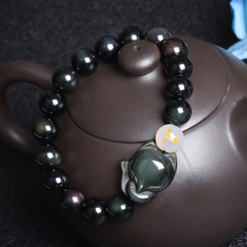 Buddha Stones Natural Rainbow Obsidian Gold Sheen Obsidian Silver Sheen Obsidian Fox Healing Bracelet - image 1