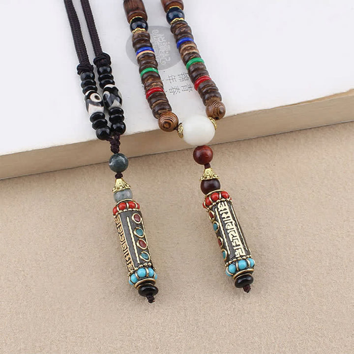 Buddha Stones Tibetan Om Mani Padme Hum Dzi Bead Wenge Wood Necklace Pendant - image 1