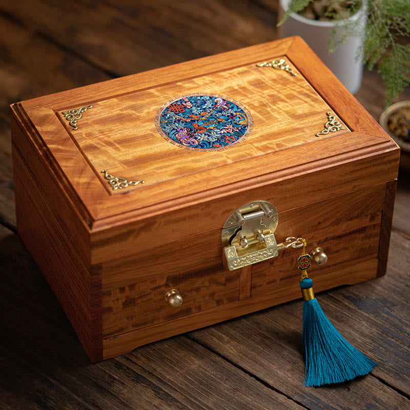 Antique Handmade Rosewood Jewelry Storage Box Lockable Large Double Layer Flower Wooden Gift Organizer Box - Rosewood 25.5*12.5*17cm - image 0