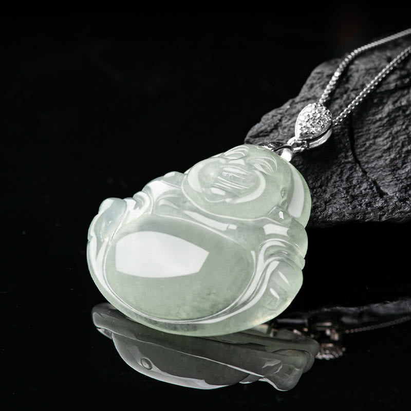 Buddha Stones Natural Jade Laughing Buddha Prosperity Abundance Titanium Steel Chain Necklace Pendant - image 3