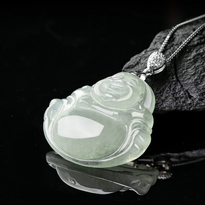 Buddha Stones Natural Jade Laughing Buddha Prosperity Abundance Titanium Steel Chain Necklace Pendant - image 3