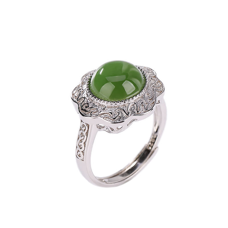 Buddha Stones 925 Sterling Silver Hetian Cyan Jade Flower Design Luck Adjustable Ring - image 5