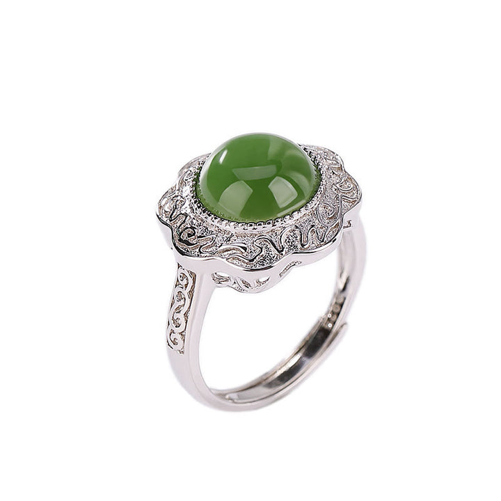 Buddha Stones 925 Sterling Silver Hetian Cyan Jade Flower Design Luck Adjustable Ring - image 5