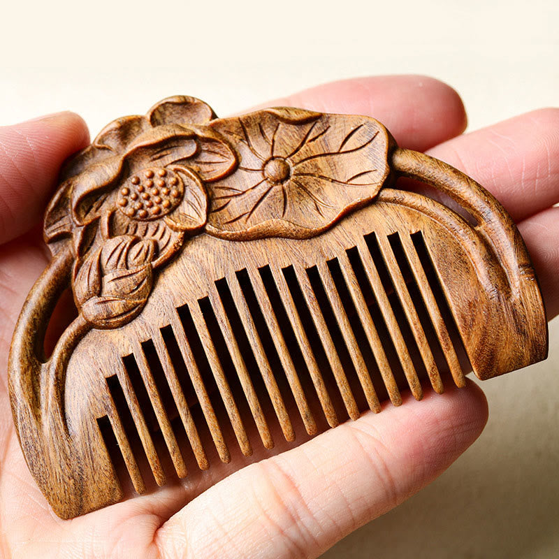 Natural Green Sandalwood Lotus Flower Leaf Engraved Soothing Comb - image 7