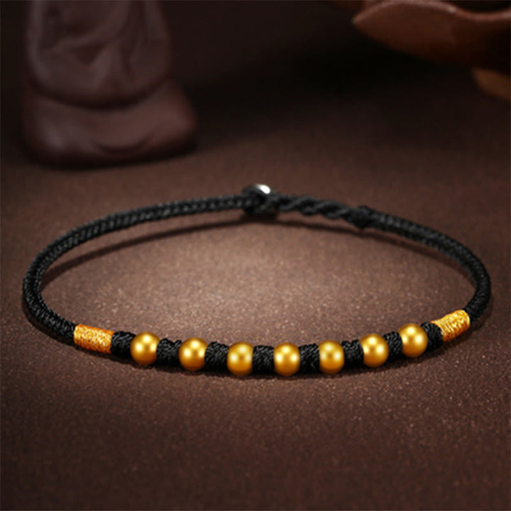 Buddha Stones 999 Gold Beads Luck King Kong Knot Handmade Braided Protection Bracelet - Seven Gold Beads - Black Rope - 24cm - image 22