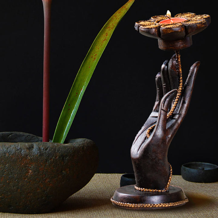 Buddha Stones Hand Pattern Wood Candlestick Home Candle Holder Decoration - image 14