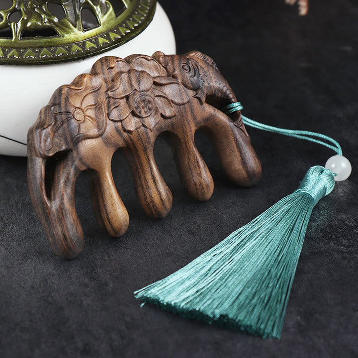 Green Sandalwood Plum Blossom Flowers Lotus Koi Fish Engraved Soothing Tassel Comb - Chacate Preto Wood Koi Fish Lotus - image 11