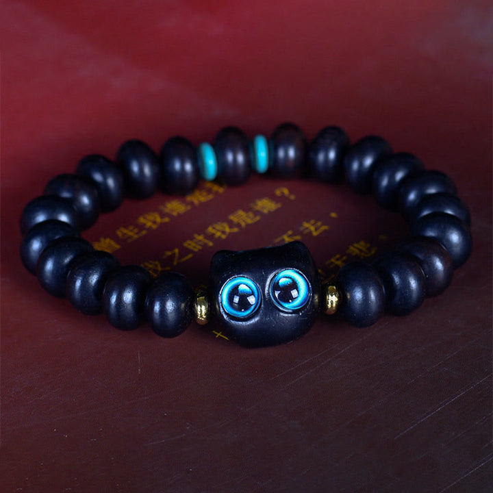 Buddha Stones Ebony Wood Liuli Glass Lovely Cat Peace Balance Bracelet - image 6