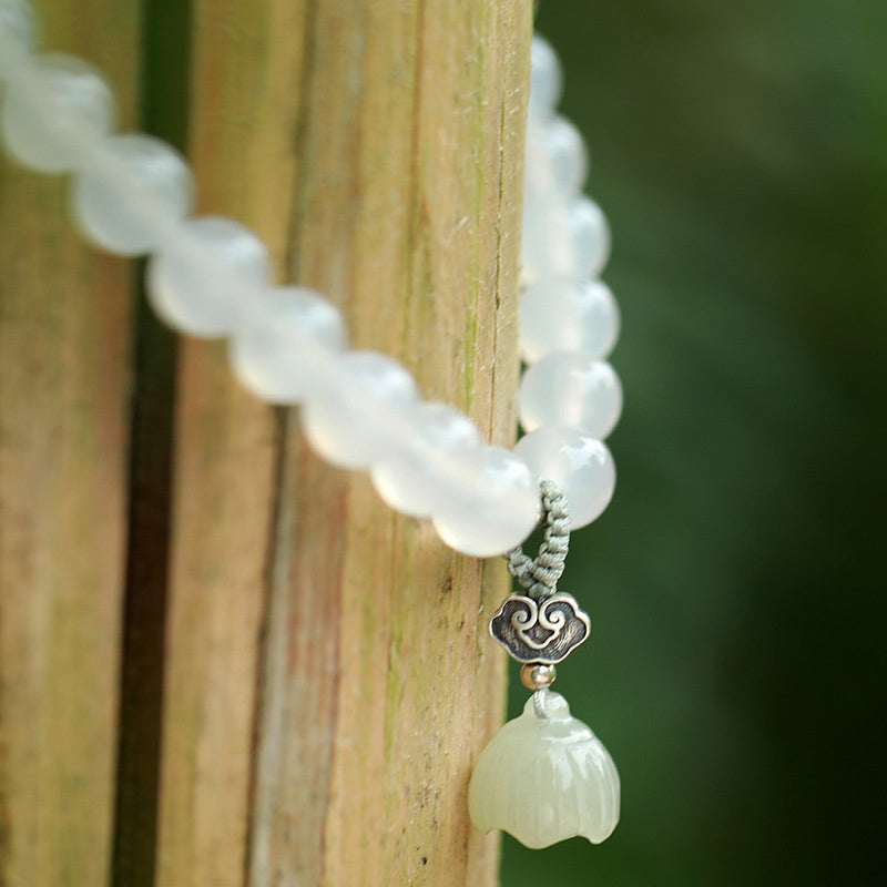 Buddha Stones White Agate Jade Lotus Protection Bracelet - image 6