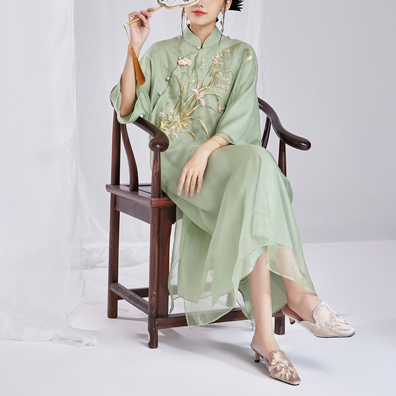 Buddha Stones 100% Mulberry Silk 6 Momme Dress Vintage Flower Butterfly Embroidery Qipao Dress Women's Cheongsam Dress - image 13