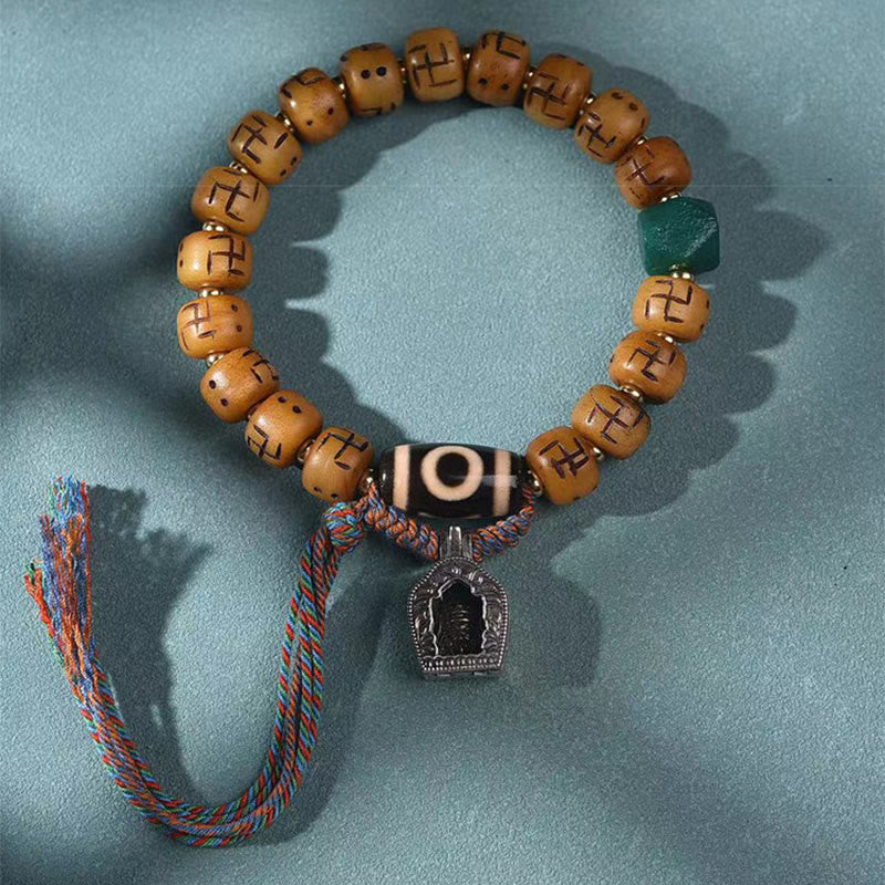 Buddha Stones Natural Tibetan Camel Bone Swastika Dzi Bead Shankha Buddha Charm Kirtimukha Luck Protection Tassel Bracelet - image 1