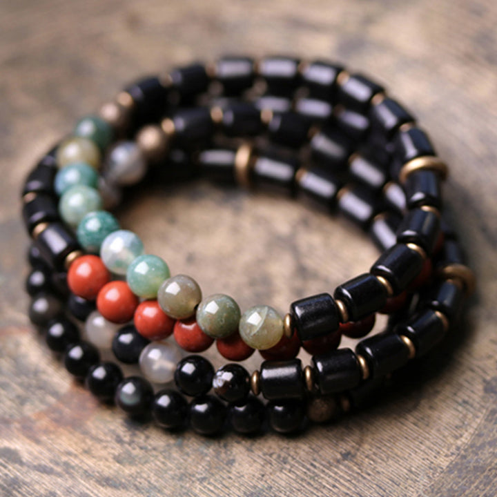 Buddha Stones Ebony Wood Red Jasper Moss Agate Crystal Copper Peace Couple Bracelet - image 2