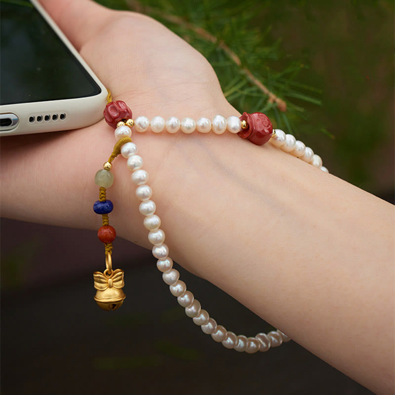 Buddha Stones Natural Pearl Cinnabar Money Bag Bell Gold Swallowing Beast Dancing Lion Healing Phone Hanging Decoration - Pearl&Bell&Cinnabar Money Bag - image 0