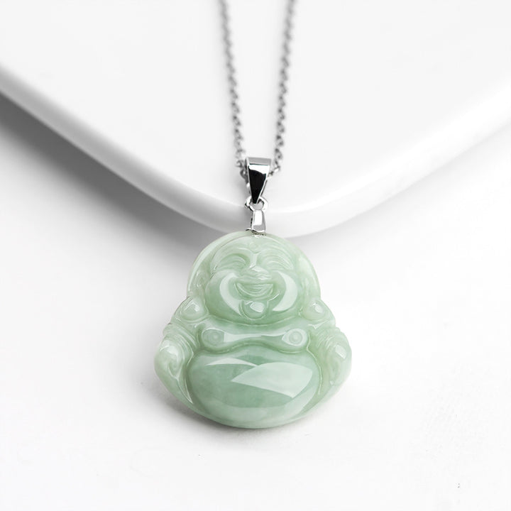 Buddha Stones 925 Sterling Silver Laughing Buddha Jade Blessing Necklace Chain Pendant - image 3