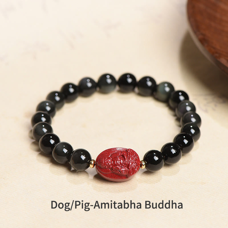 Buddha Stones Chinese Zodiac Natal Buddha Natural Black Obsidian Cinnabar Purification Bracelet - 8mm - Dog/Pig-Amitabha Buddha(Wrist Circumference 14-17cm) - image 1