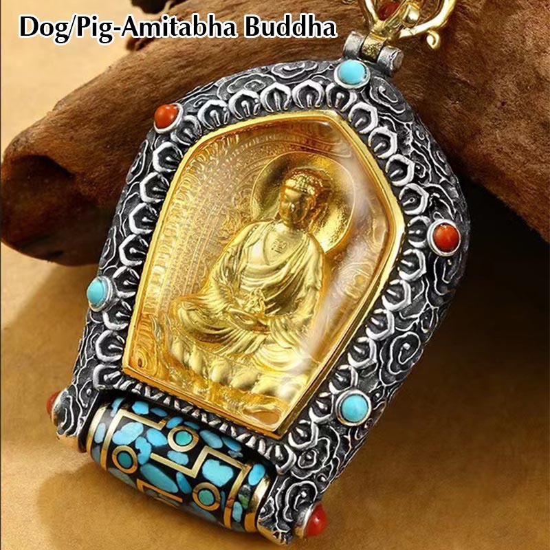 Buddha Stones Tibet Chinese Zodiac Natal Buddha Thangka Prosperity Rotatable Dzi Bead Necklace Pendant - Dog/Pig-Amitabha Buddha - image 12