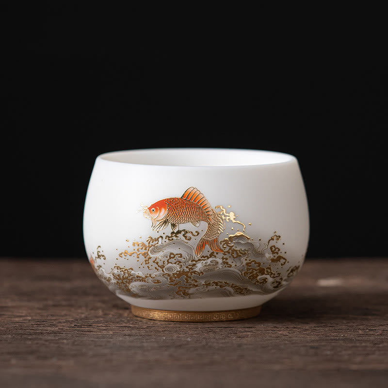 Buddha Stones Phoenix Dragon Lotus Deer Ancient Building Koi Fish Ceramic Teacup Kung Fu Tea Cups - Koi Fish 8.3cm*5.7cm*180ml - image 12