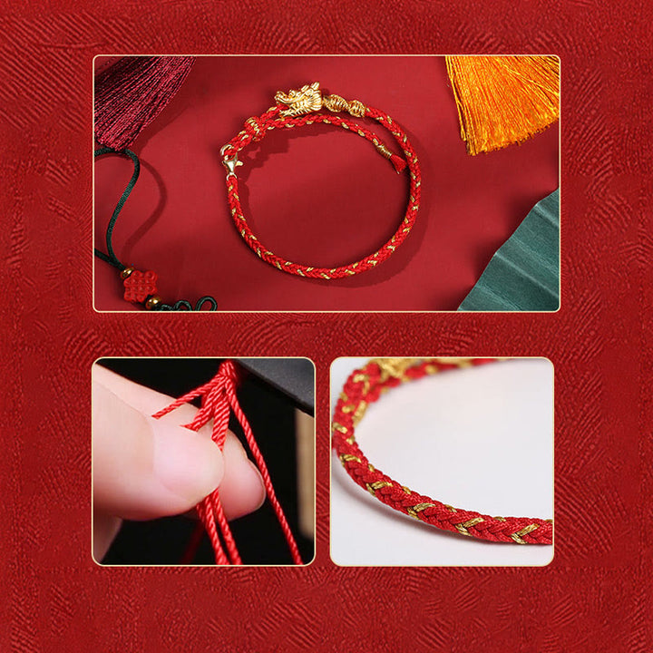 Buddha Stones 999 Sterling Silver Handcrafted Dragon Luck Eight Thread Knot Red String Braided Bracelet - image 5