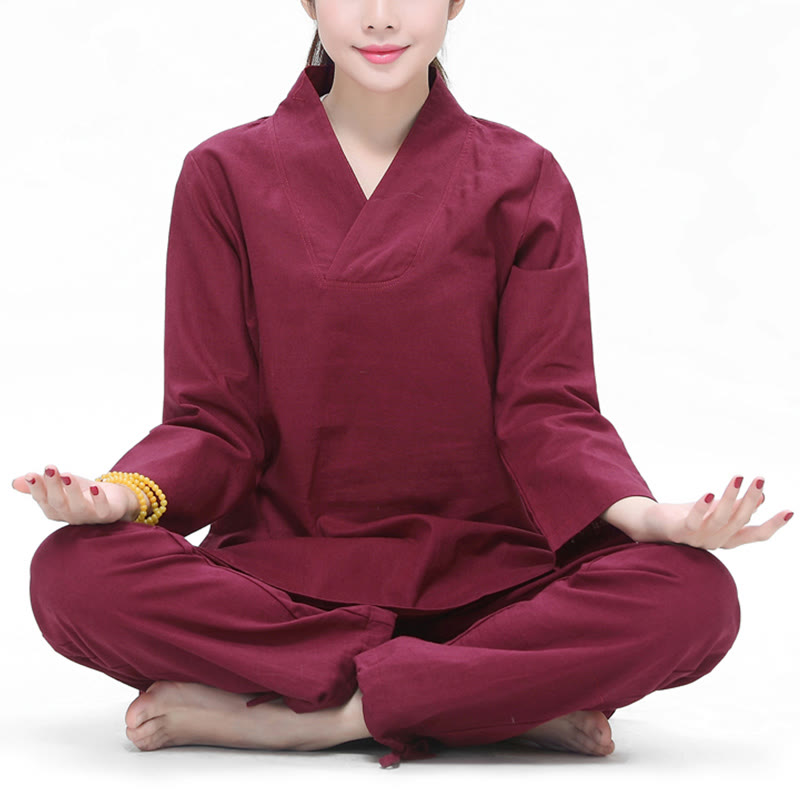 Buddha Stones Zen Practice Yoga Meditation Prayer V-neck Design Uniform Cotton Linen Clothing Women's Set - Dark Red - US6，UK/AU10，EU38 (2XL) - image 0