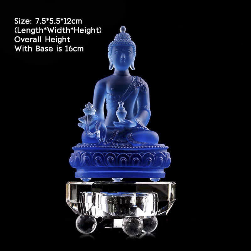 Buddha Stones Medicine Buddha Handmade Liuli Crystal Art Piece Compassion Statue Home Office Offering Decoration - 7.5*5.5*12cm - Medicine Buddha&Luminous Base - image 9