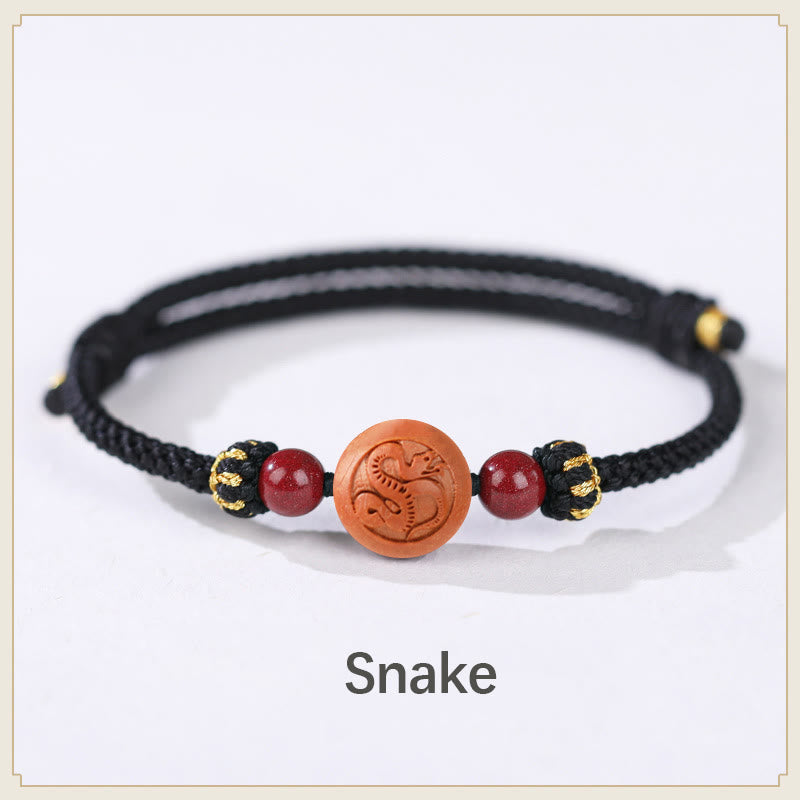 Buddha Stones Natural Peach Wood Chinese Zodiac Fu Character Carved Cinnabar Wealth Bracelet - Snake-Black(Wrist Circumference 14-18cm) - image 18