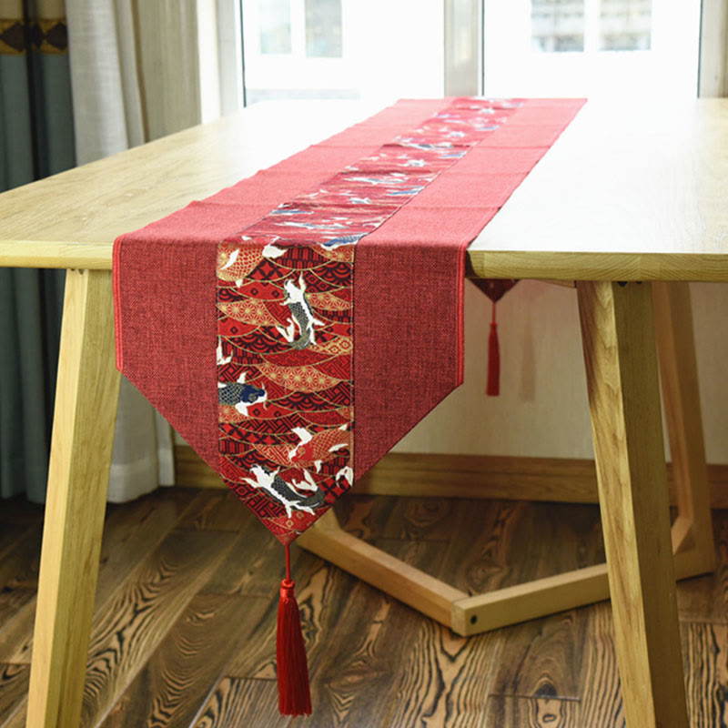 Buddha Stones Classic Chinese Style Lotus Koi Fish Flower Crane Calligraphy Enlightenment Cotton Linen Tassels Table Runner - image 19