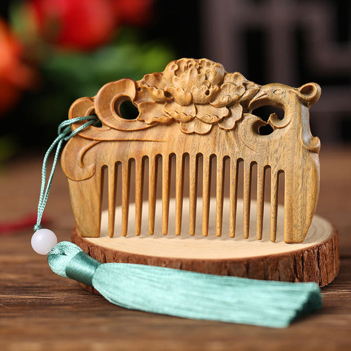 Green Sandalwood Fox Peony Flower Lotus Engraved Cure Tassel Comb - Phoenix Peony Green Sandalwood - image 17