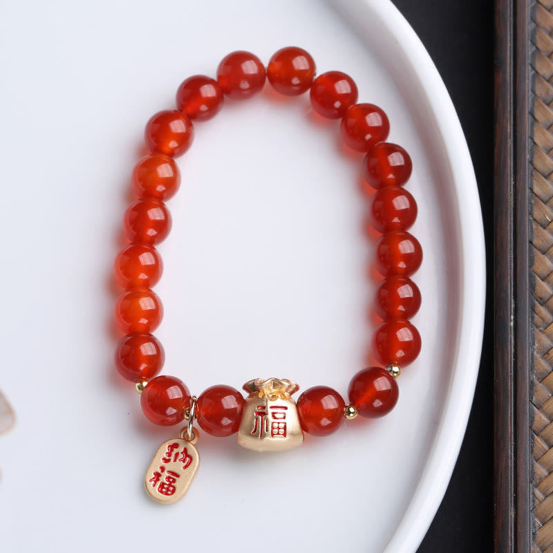 Buddha Stones Natural White Agate Red Agate Money Bag Fu Character Four Leaf Clover Protection Bracelet - Red Agate Money Bag - image 12