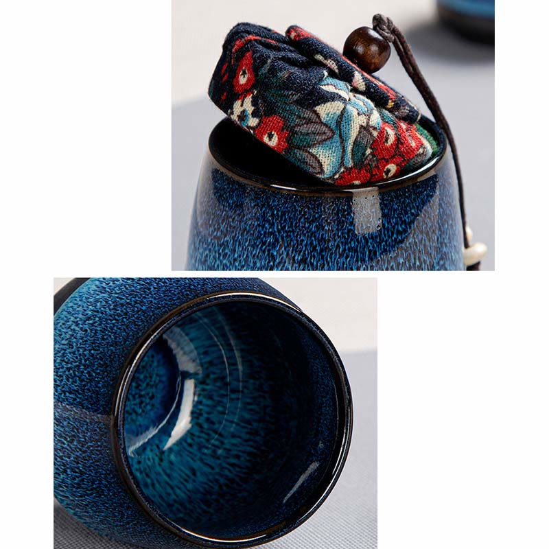 Buddha Stones Blue Gradient Color Chinese Gongfu Tea Ceramic Teapot Portable Gift Bag Box Set - image 12