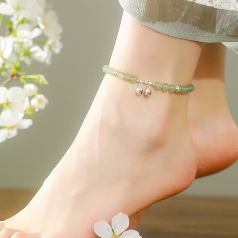 925 Sterling Silver Natural Hetian Jade Prosperity Bell Charm Anklet - image 1