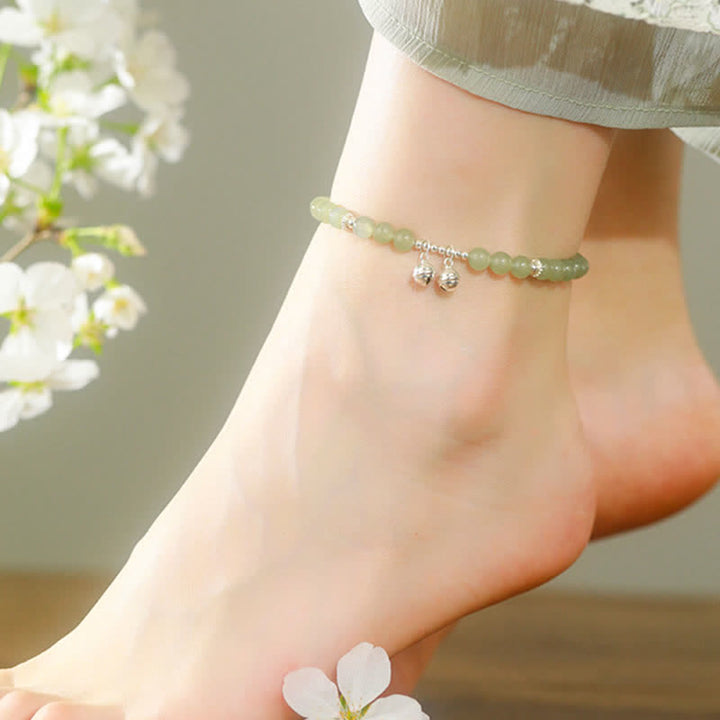 925 Sterling Silver Natural Hetian Jade Prosperity Bell Charm Anklet - image 1
