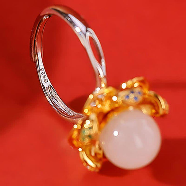 Buddha Stones 925 Sterling Silver White Jade Cyan Jade Lotus Flower Success Ring - image 5