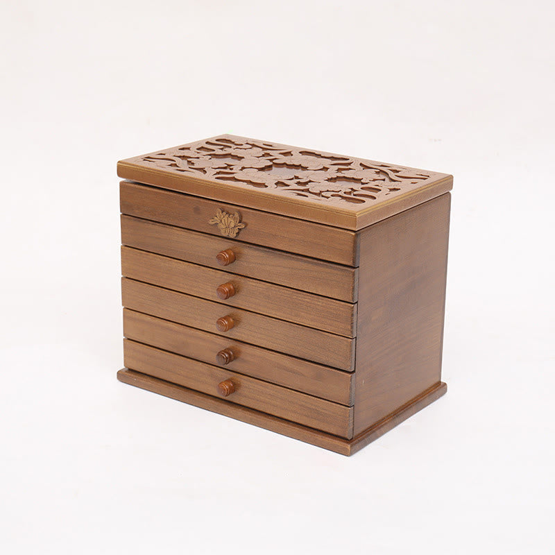 Buddha Stones Large Capacity Vintage Flowers Carved Wooden Jewelry Box Six-Layer Jewelry Storage Box - image 7