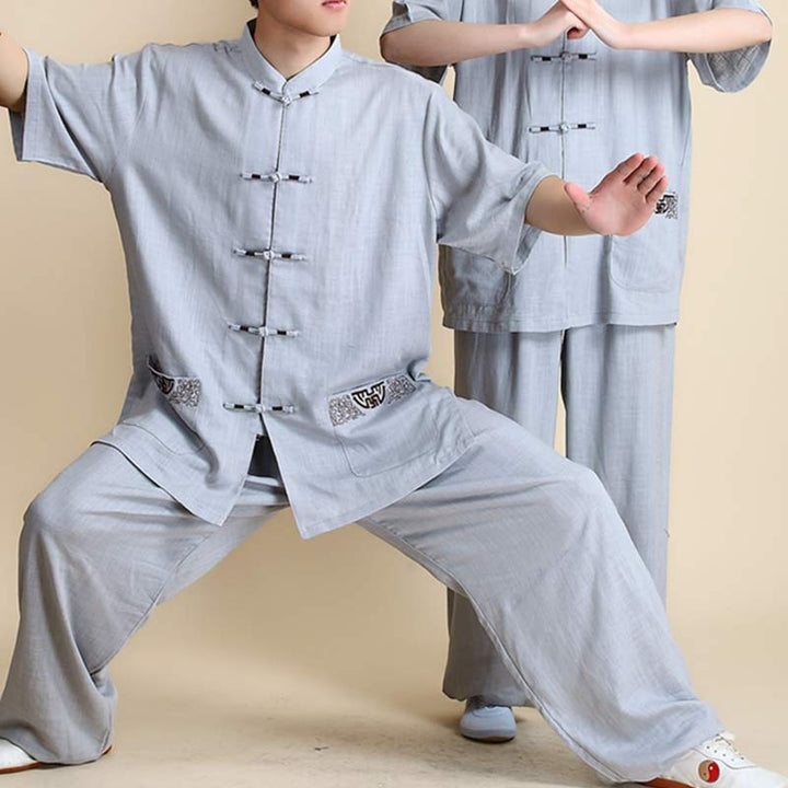 Buddha Stones Meditation Zen Prayer Spiritual Tai Chi Qigong Practice Unisex Embroidery Clothing Set - Short Sleeve Gray Embroidery - US12，UK/AU16，EU44 (2XL) - image 28