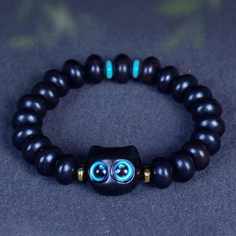 Buddha Stones Ebony Wood Liuli Glass Lovely Cat Peace Balance Bracelet - image 5