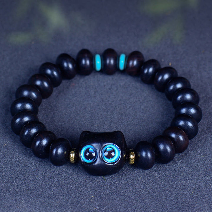 Buddha Stones Ebony Wood Liuli Glass Lovely Cat Peace Balance Bracelet - image 5