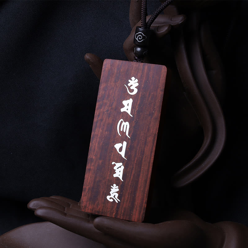 Buddha Stones 999 Sterling Silver Small Leaf Red Sandalwood Ebony Wood Om Mani Padme Hum Inlaid Protection Necklace Pendant - image 3