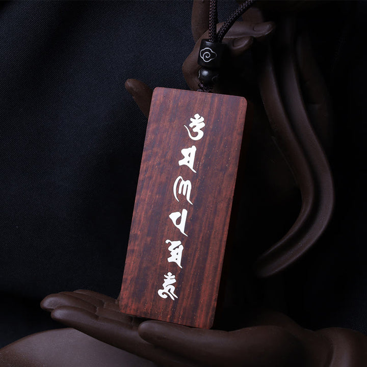 Buddha Stones 999 Sterling Silver Small Leaf Red Sandalwood Ebony Wood Om Mani Padme Hum Inlaid Protection Necklace Pendant - image 3