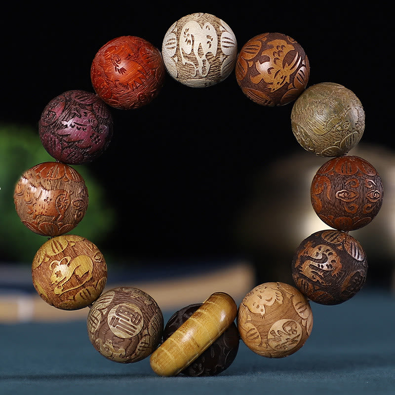 Buddha Stones Chinese Zodiac Rosewood Green Sandalwood Ebony Wood Copper Coin Carved Calm Bracelet - 12 Zodiac - image 0