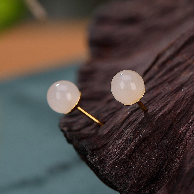 Buddha Stones 925 Sterling Silver Round White Jade Blessing Stud Earrings - 6mm - image 1