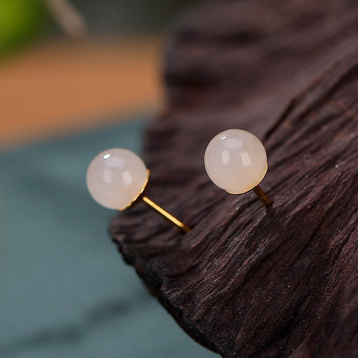 Buddha Stones 925 Sterling Silver Round White Jade Blessing Stud Earrings - 6mm - image 1