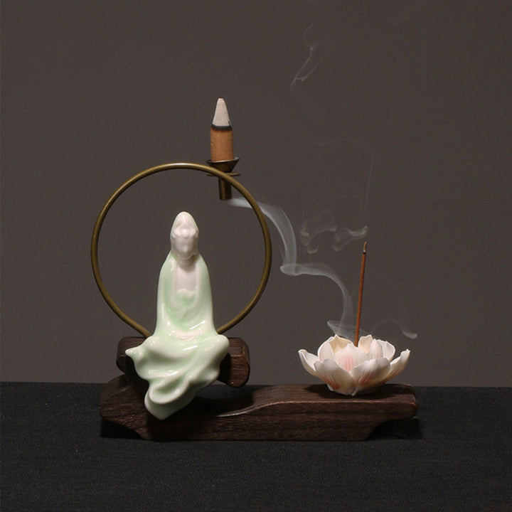 Buddha Stones Ceramic Lotus Healing Meditation Incense Burner Decoration - Cyan Avalokitesvara - image 15