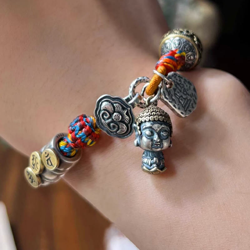Buddha Stones Handmade Tibetan 925 Sterling Silver Chinese Zodiac Natal Buddha Zakiram Goddess of Wealth Protection Multicolored Rope Braided Bracelet - image 20