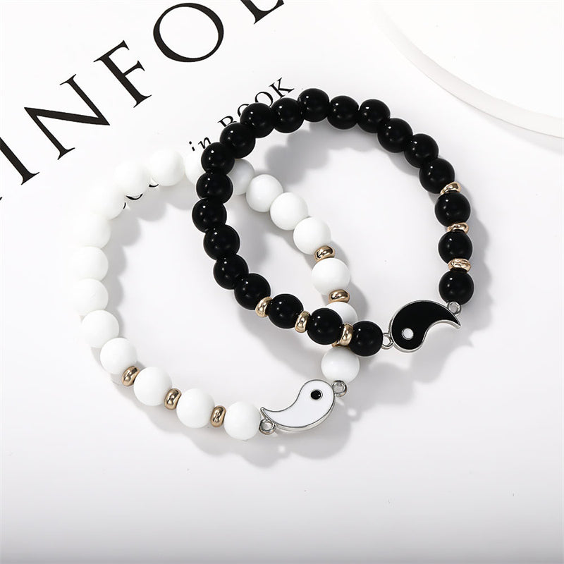 Buddha Stones 2Pcs Black Onyx White Turquoise Bead Yin Yang Protection Couple Bracelet - Small Bead Yin Yang - image 0