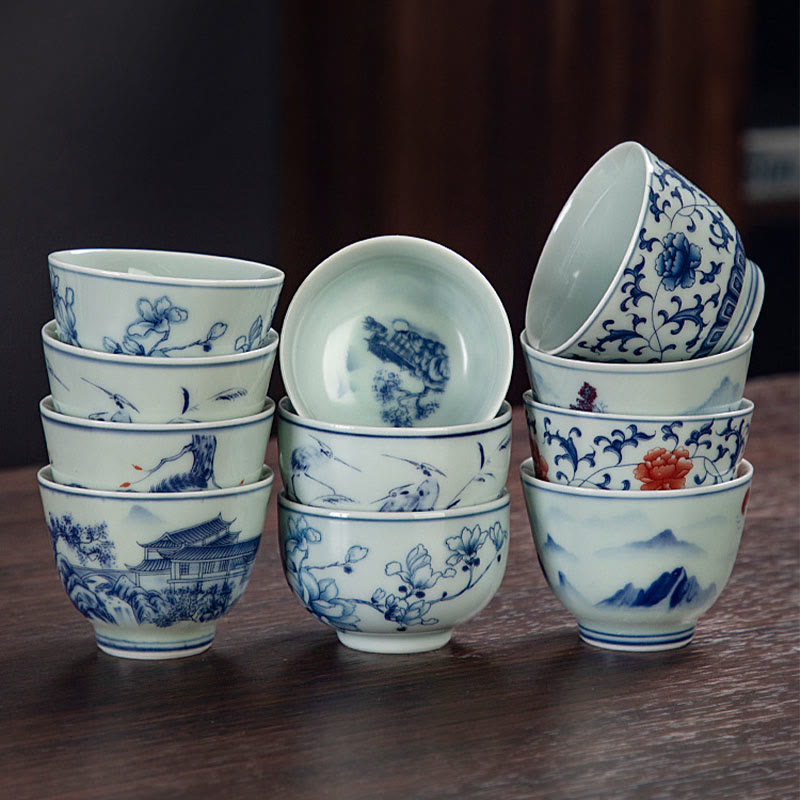 Buddha Stones Blue Landscape Mountains Lotus Cute Cat Pavilions Magnolia Reed Egrets Ceramic Teacup Small Kung Fu Tea Cup - image 15