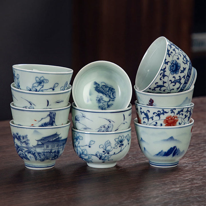 Buddha Stones Blue Landscape Mountains Lotus Cute Cat Pavilions Magnolia Reed Egrets Ceramic Teacup Small Kung Fu Tea Cup - image 15