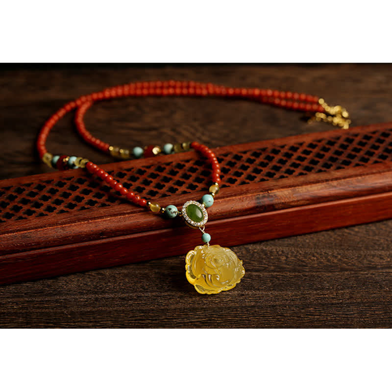 925 Sterling Silver Natural Red Agate Amber Peony Confidence Charm Necklace Pendant - image 4