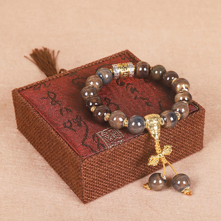Buddha Stones Tibet Om Mani Padme Hum Prayer Wheel Dorje Vajra Engraved Glass Bead Wisdom Bracelet - Golden Om Mani Padme Hum - image 5