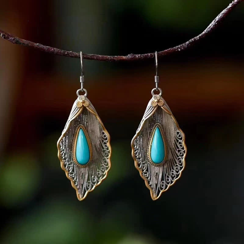 Buddha Stones 925 Sterling Silver Turquoise Bodhi Leaf Pattern Protection Drop Dangle Earrings - Gold - image 0